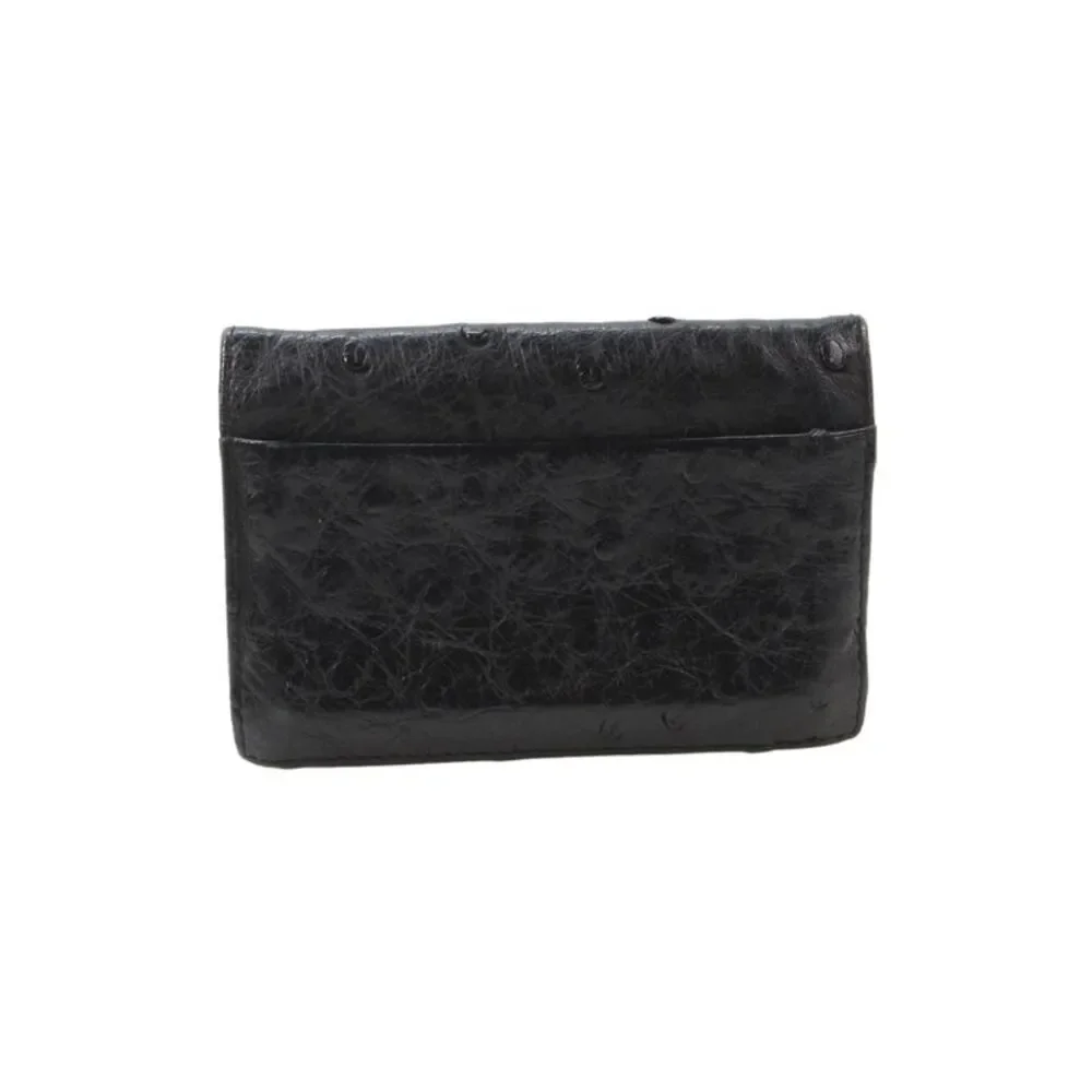 Lorenzi Unisex Black Ostrich Skin Bi Fold Card Holder Wallet 3"_3